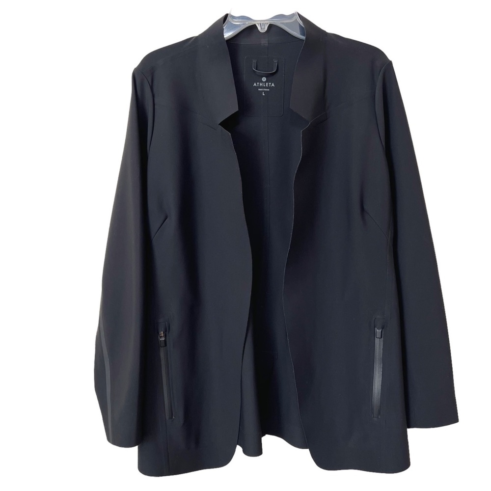 Athleta Stellar Blazer L Black Open Front Zip Pockets Stretch Womens